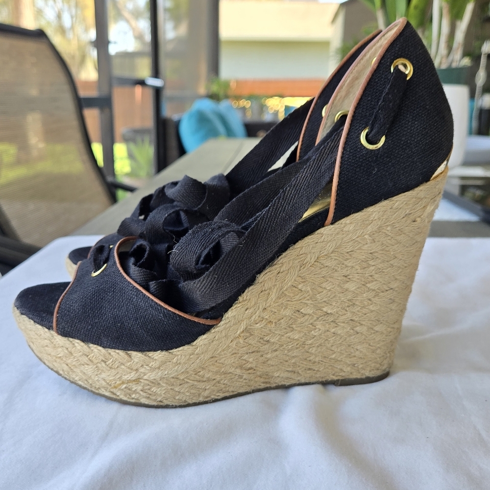 Michael Kors Lilah Black Canvas Lace-Up Platform Espadrille Wedges - Size 7.5 - Picture 3 of 12